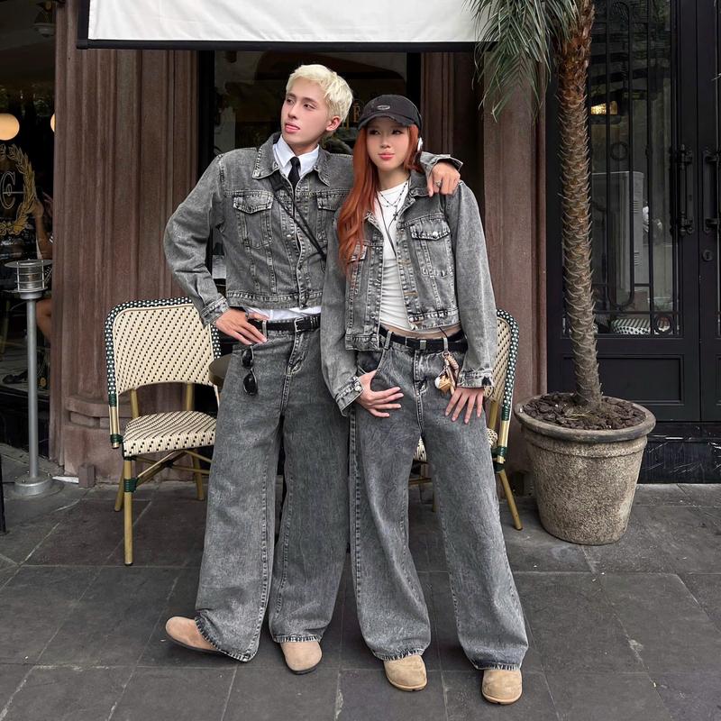 Calem Club - Áo khoác Jean Croptop và Quần Jean Ống Suông form unisex nam nữ