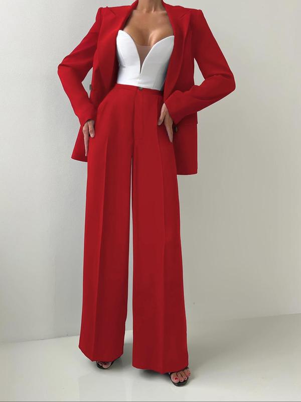 Women's Solid Double Button Lapel Neck Blazer & Pocket Trousers Two-piece Set, Elegant Fashion Casual Two Piece Outfits for Work Office Business, Co-ord Sets, Ladies Fall & Winter Clothes 2