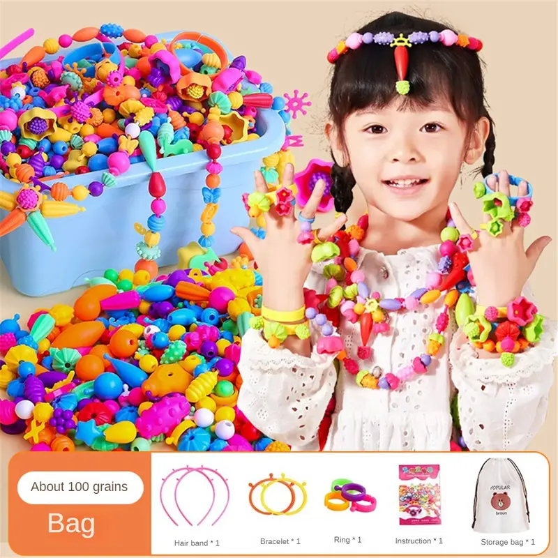 Đồ Chơi Bộ Ghép Hình Giáo Dục Thủ Công Hạt Tự Làm, Vòng Tay Không Dây, Vòng Cổ Và Nhẫn, Dành Cho Bé Gái, Tặng Kèm Dây Buộc Tóc, Vòng Tay Và Nhẫn, Bộ 3 Món, Miễn Phí 0