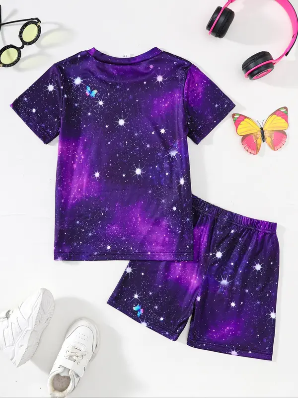 Toddler Girl's All Over Print Clothes Set, Casual Short Sleeve Tee & Shorts, Summer Clothes for Kids 4
