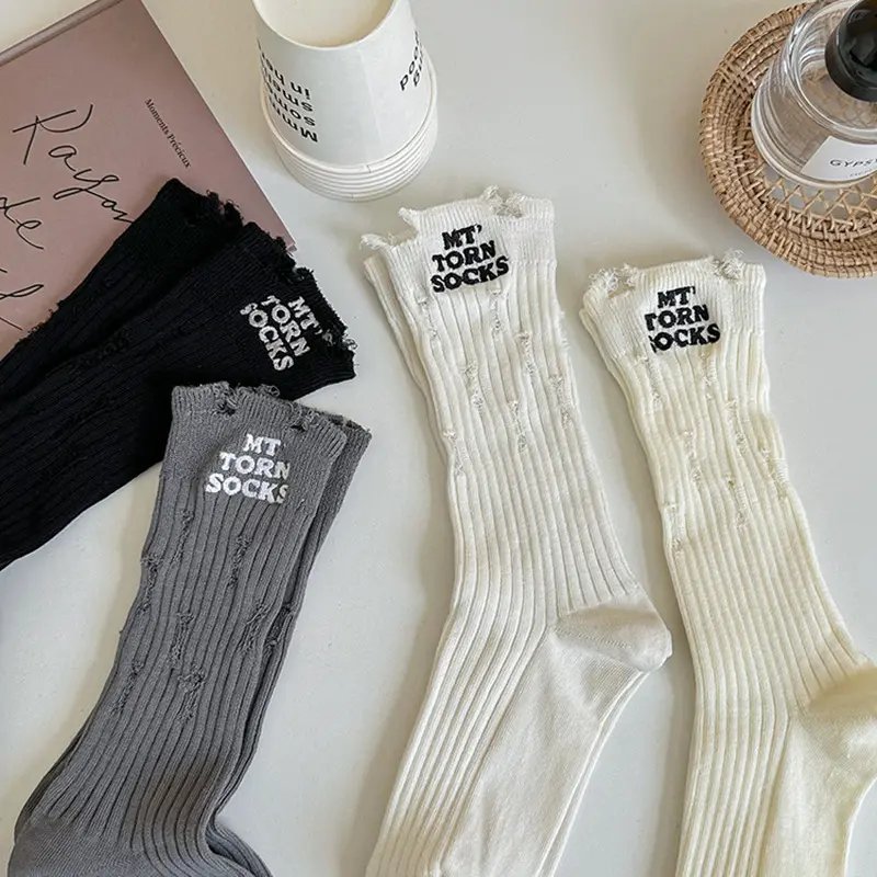 Tất Thêu, Phong Cách Đường Phố Hợp Xu hướng Phong Cách Hàn Quốc, Chất Liệu Cotton Nguyên Chất, Ống Giữa, Dành Cho Nữ, Có Lỗ Women 2