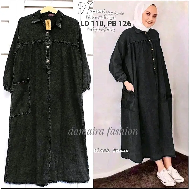 Hanami Midi Dress Jeans Tunik Gamis Jumbo fit to XXL LD 110 LD 120 CM 2