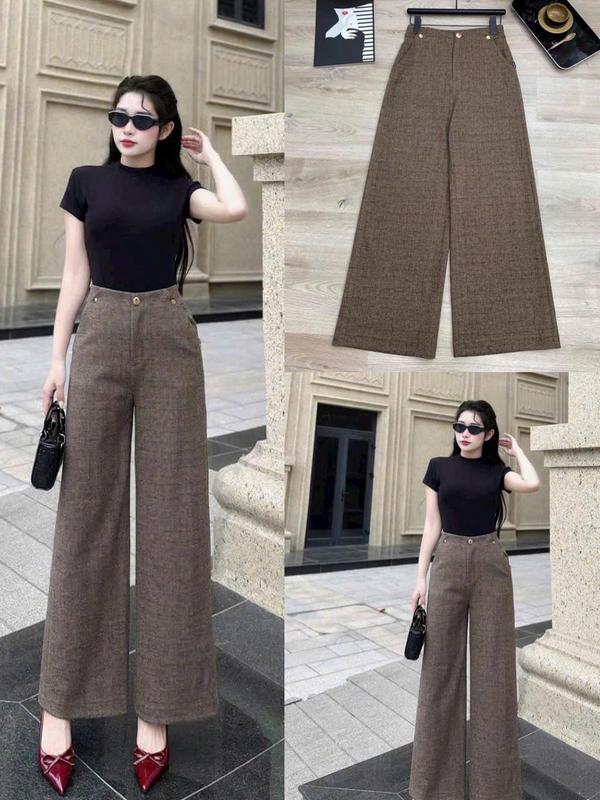  Quần nữ dạ kẻ ống suông nữ lưng cao phong cách Hàn Quốc trẻ trung quần nữ ống rộng diện đi làm,đi chơi Q297 Women Pants Kem 