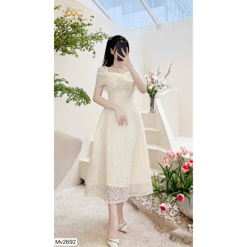 MV2692 Váy đầm ren be kem 2 dây kết trễ vai siêu xinh thiết kế cao cấp- CHÍNH HÃNG DVC