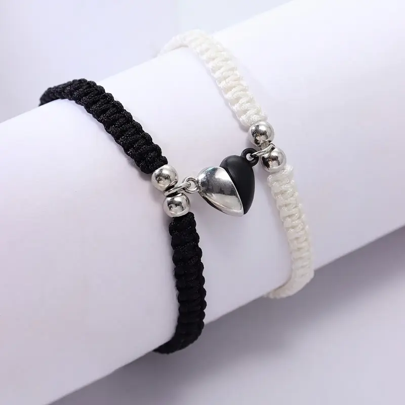 2pcs Heart-shaped Combination Couple'S Hand Woven Adjustable Bracelet Set, Valentine'S Day Gift, Friendship Bracelet, Casual Vacation Bracelet 1