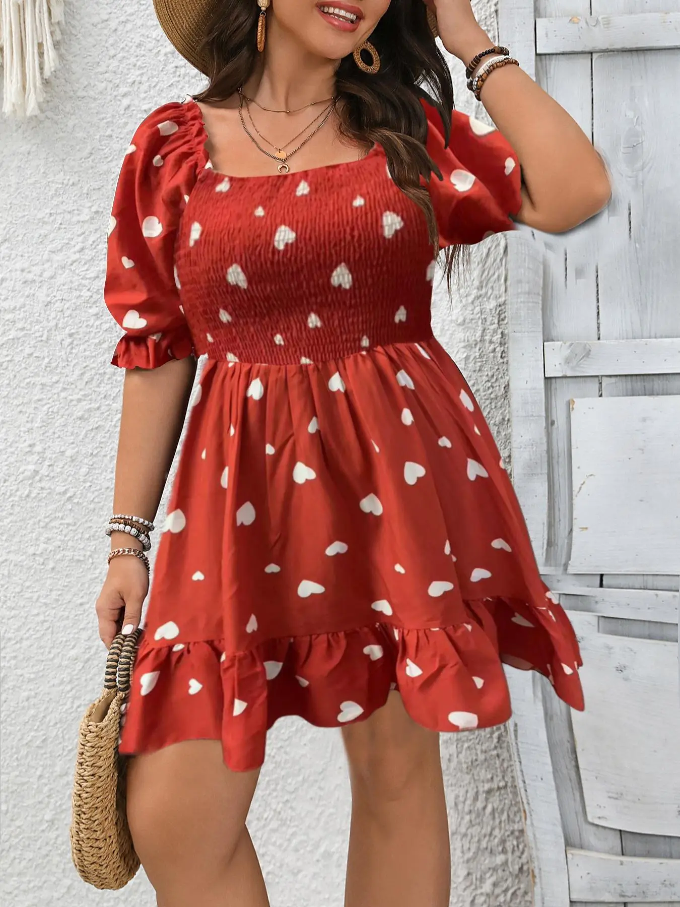 【Plus Size】 Heart Print Bubble Sleeve Dress, Casual Ruffle Trim Dress for Summer, Women's Plus Clothing for Daily Wear