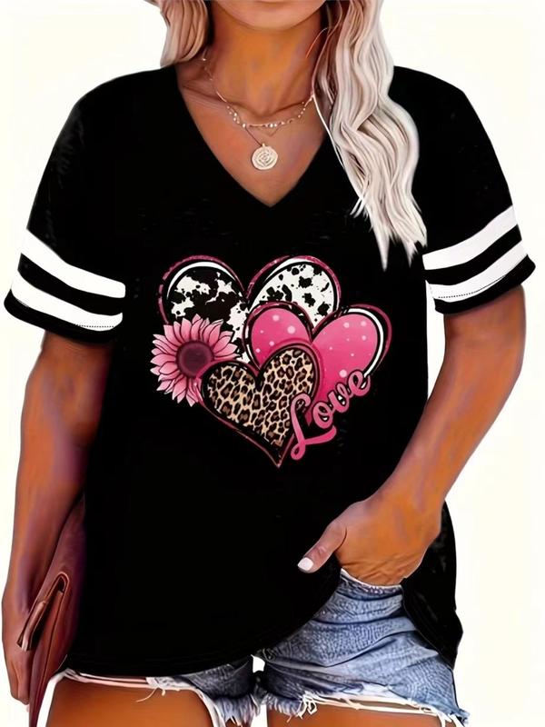Women's Leopard Heart & Floral Print Contrast Binding V Neck Tee, Casual Plus Size Short Sleeve T-shirt for Summer, Women's Plus Clothing for Daily Wear Valentine's Day, gift 3