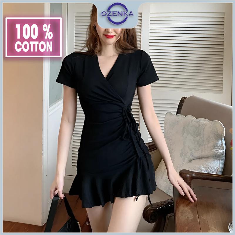 Váy body ngắn nữ xòe bồng sexy cổ v rút dây ozenka , đầm ôm body ngắn tay dáng chữ a sang chảnh cotton mịn mát Dress Women