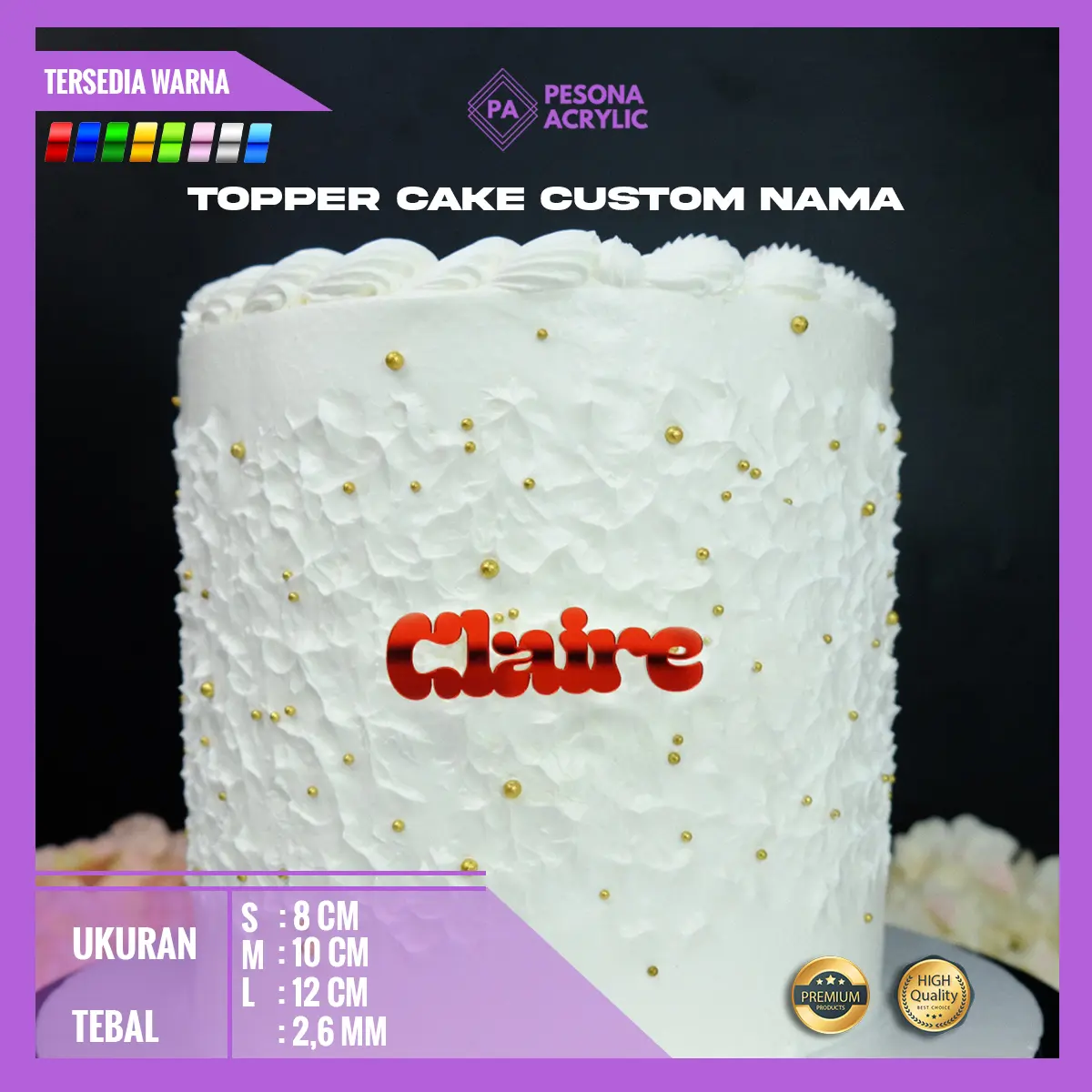 Topper Cake Acrylic Custom Nama Tusuk Depan Gold