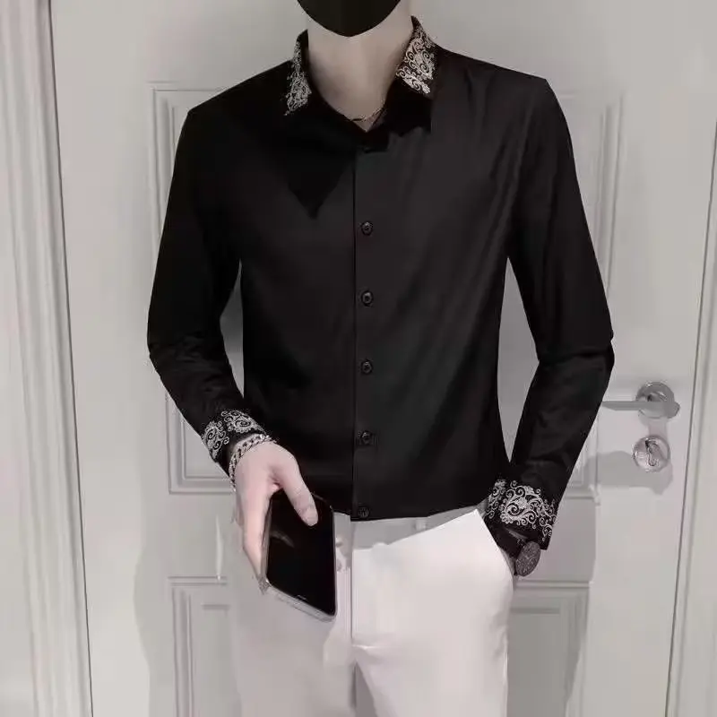 Áo Sơ Mi Đen Thêu, Dành Cho Nam Giới, Dài Tay, Ruan Đẹp Trai, Phong Cách Thường Ngày Thiết Kế Mỏng, Thích Hợp Cho Mùa Xuân Và Mùa Thu, Kiểu Áo Cardigan Tup