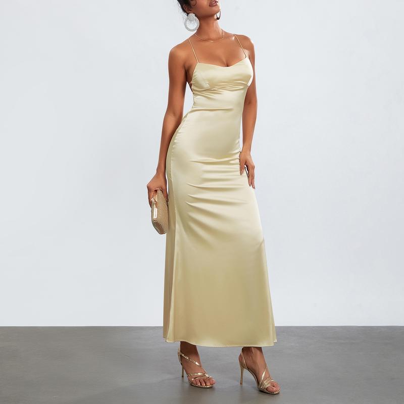 Product Introduction of Women's Summer Long Slip Dress Solid Color Sleeveless Spaghetti Strap Low Cut Backless Slim Dress 33
