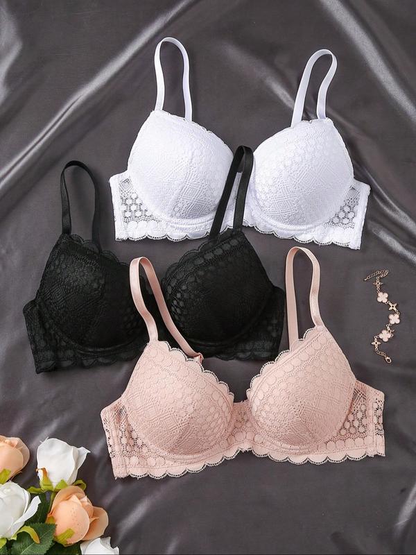 Women's Solid Color Lace Push Up Bra, Comfortable Breathable Underwire Bra, Soft Lingerie for Daily Wear 1