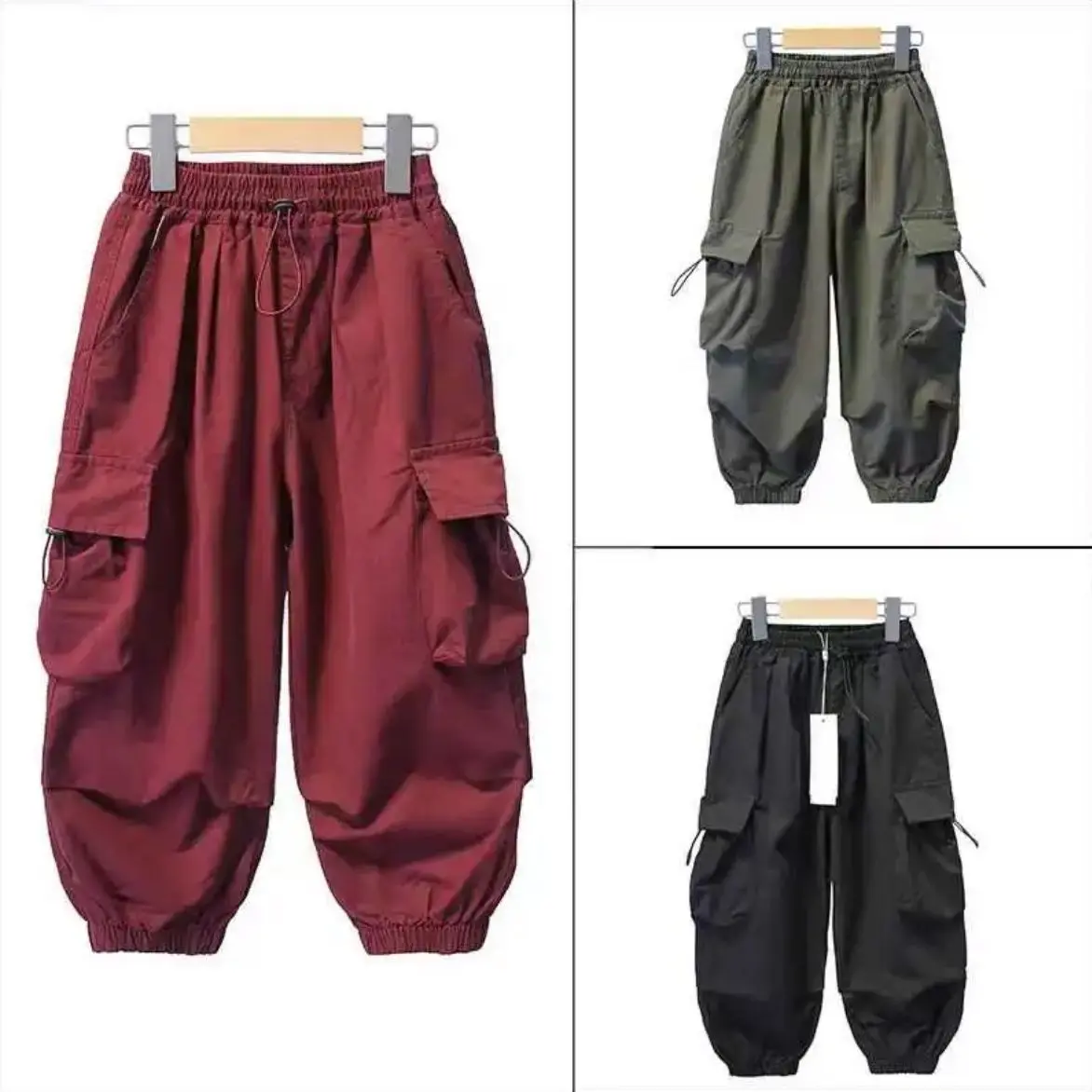 Boys Cargo Pants Spring and Autumn Clothing 2024 New Boys and Girls Hip Hop Wide-Leg Pants Medium and Big Children Loose Casual Working Pants