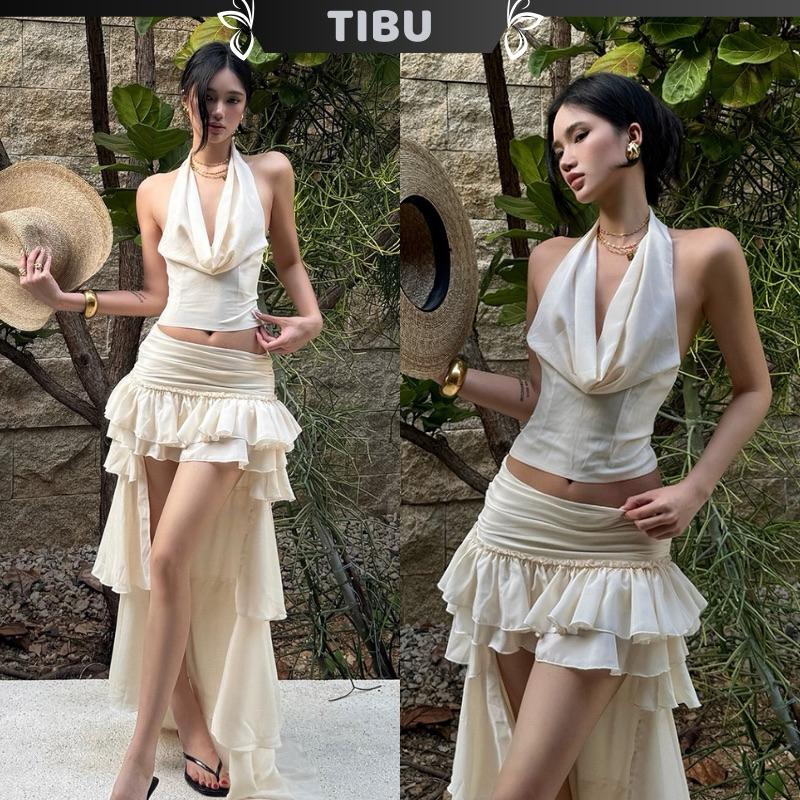 Set Áo Cổ Đổ Hở Lưng Phối Chân Váy Ngắn Xoè Tầng Dài Lạ Mắt TIBU Set Đồ Nữ Đi Biển Dự Tiệc Tôn Dáng Sang Chảnh ((B411))