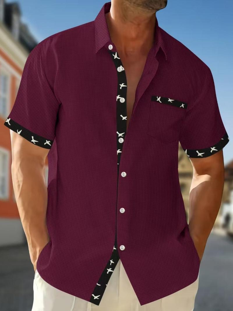 Product Introduction of Men's Contrast Binding Short Sleeve Shirt, Regular Fit Casual Button Collared Top for Summer, Fashion Men's Clothes for Daily Wear 2