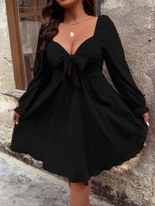 【Talla Grande】 Vestido con Frente de Moño, Fruncido, Recorte y Manga con Volante, Elegante Vestido en A con Escote Corazón y Manga Larga para Fiesta, Vacaciones, Invitada a Boda, Ropa de Mujer para Otoño e Invierno