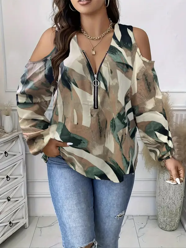 【Plus Size】 All Over Print Cold Shoulder Zipper Blouse, Casual Bishop Sleeve Top for Women, Women Plus Clothing for All Seasons, Cold Shoulder Tops 4