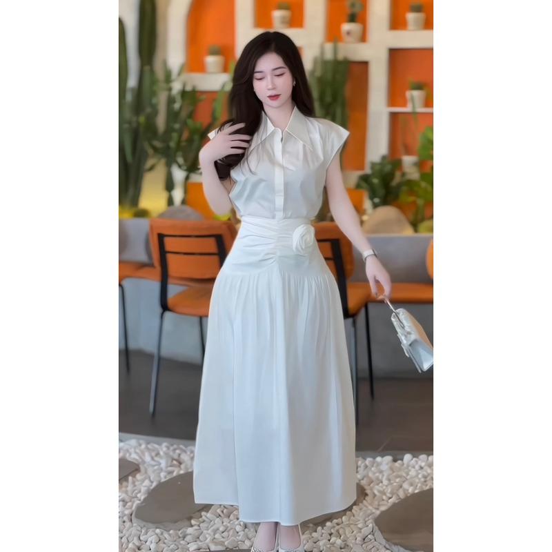 BỐNG - Set thiết kế áo somi mix chân váy dáng dài chất thô hàn kèm tag hoa Nữ Women Kem 4