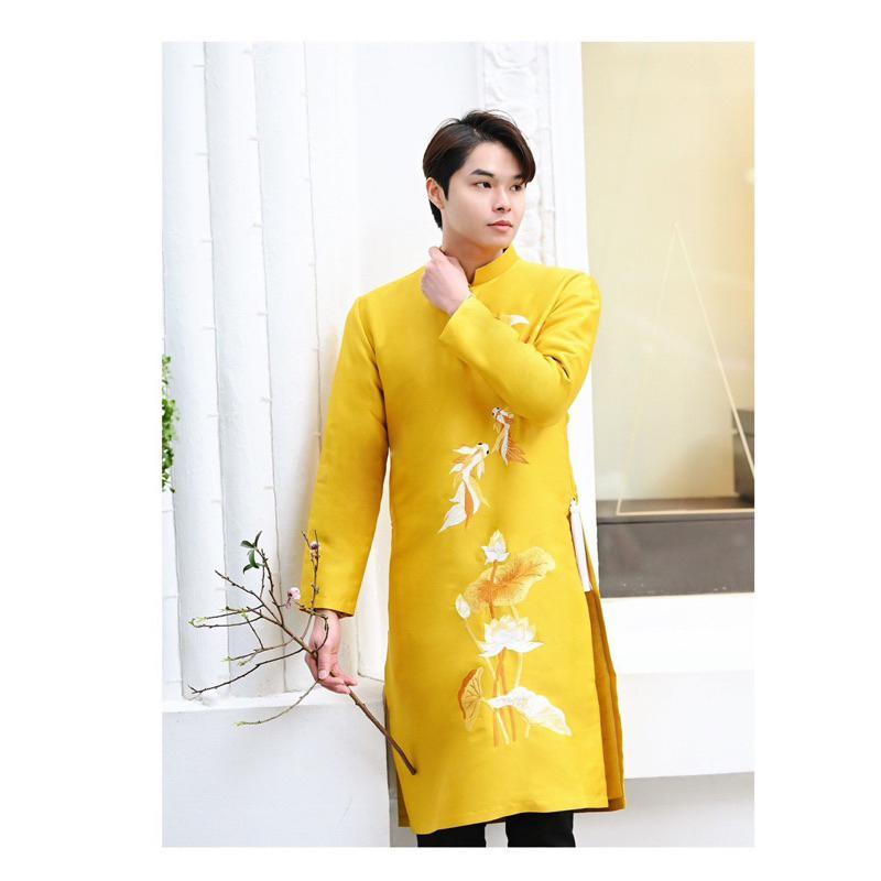 Áo dài nam THÁI TUẤN thêu hoa sen vàng cá chép, full size từ 48-105kg - TT236 5
