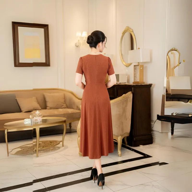 Đầm trung niên tặng mẹ LYBEE LV930 thun gấm nhật co giãn 4 chiều mặc thỏa mái, sang trọng, thấm hút mồ hôi, đủ size từ 45-80kg Nữ Women Dress Màu Đỏ 6