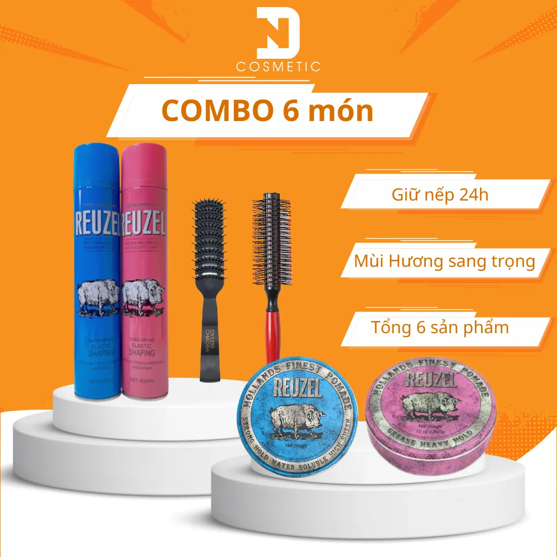 COMBO 6 món 2 gôm reuzel xanh+ hồng, 2 sáp reuzel nhôm tròn xanh+ hồng kèm 2 lược cao cấp