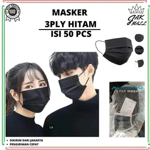 Masker 3ply Hitam Earloop 3 ply disposable facemask isi 50pcs JM