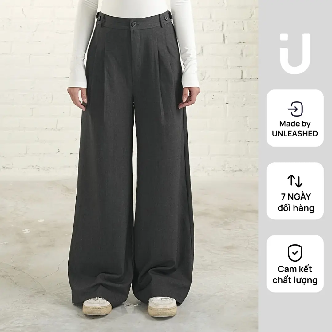 unleashedvn KIM ADJUSTABLE WAIST BAND TROUSERS - Quần hack chân với cạp cao có nút chỉnh cạp, ống quần suông rộng và dài