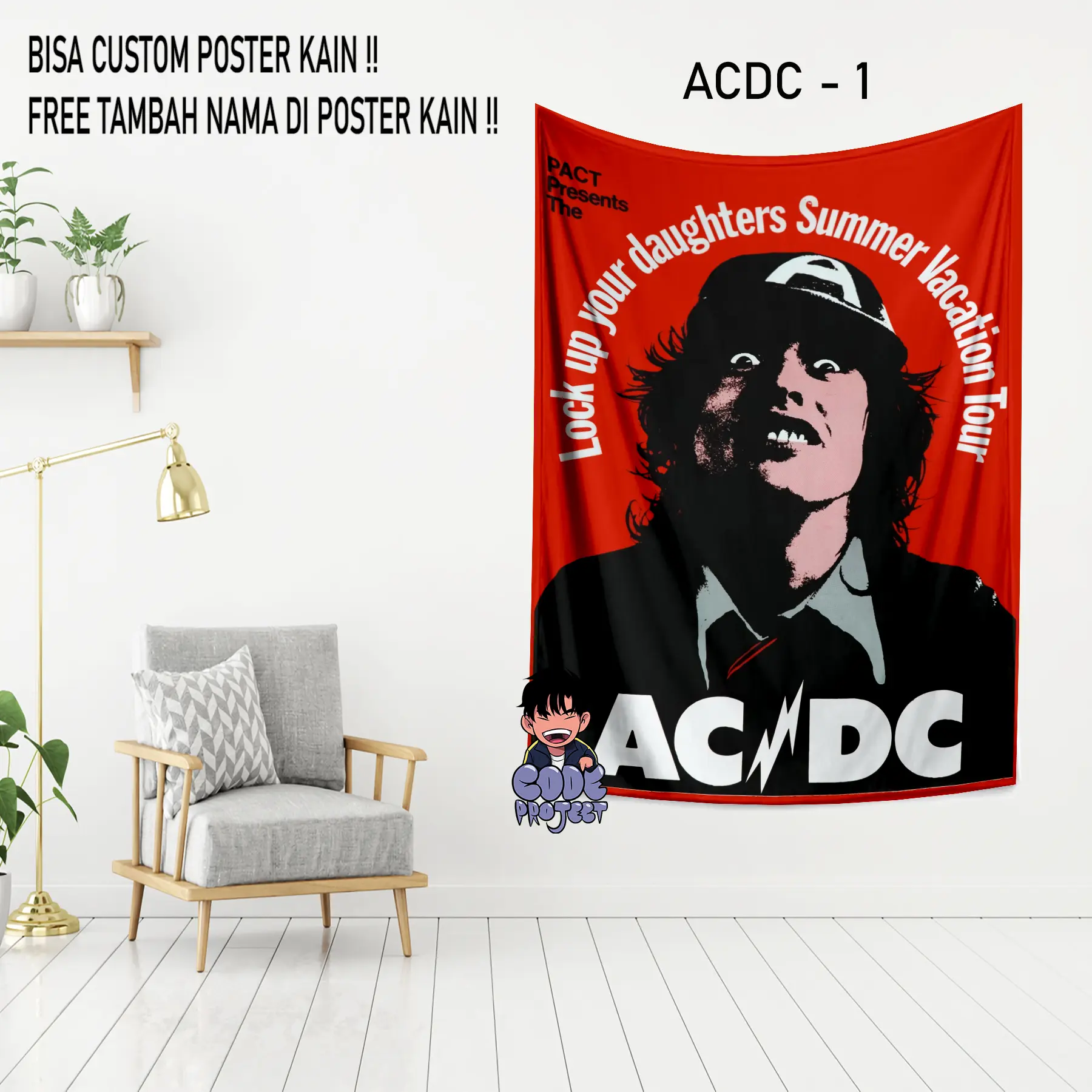 POSTER KAIN ACDC - hiasan dinding kamar acdc - dekorasi dinding kamar band acdc