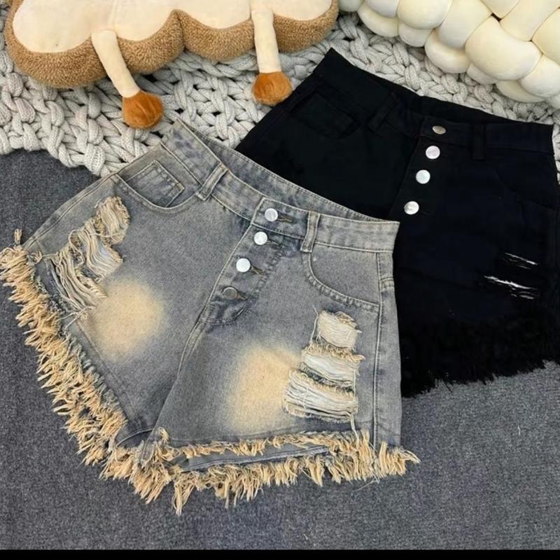  TIENSTYLE - Quần Short Jean Nữ 4 Nút Rách Lưng Cao Quần Jean Nữ Ngắn Bigsize Xanh Đen Trắng Phù Hợp Với Chiều Cao 40-70kg Size S M L XL 2XL 3XL 4XL Chất Liệu Denim 
