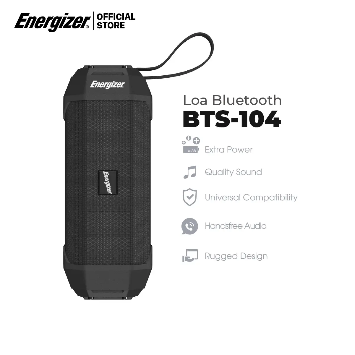 Loa Bluetooth di động Energizer BTS 104 - công suất 10W, tích hợp sạc dự phòng - Hàng Chính Hãng, Bảo Hành 2 Năm 1 Đổi 1