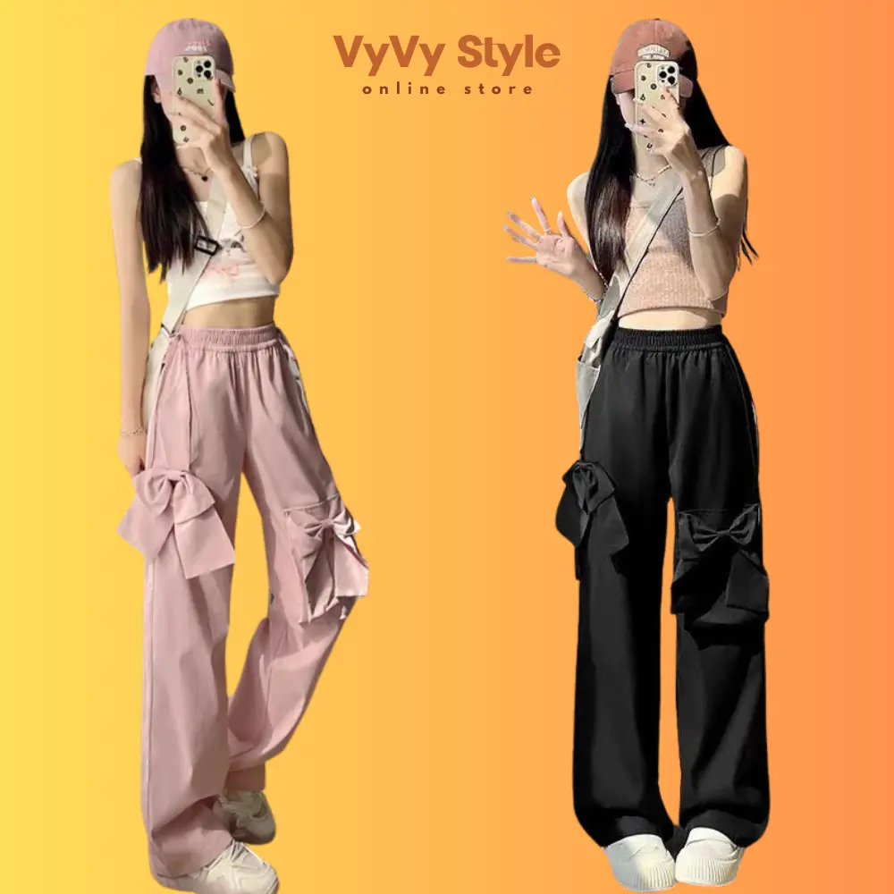 Quần ống rộng nữ túi hộp may xếp ly, quần dài coquette nơ hồng dáng xuông chất đũi nhăn Women Voi Đen Women Voi