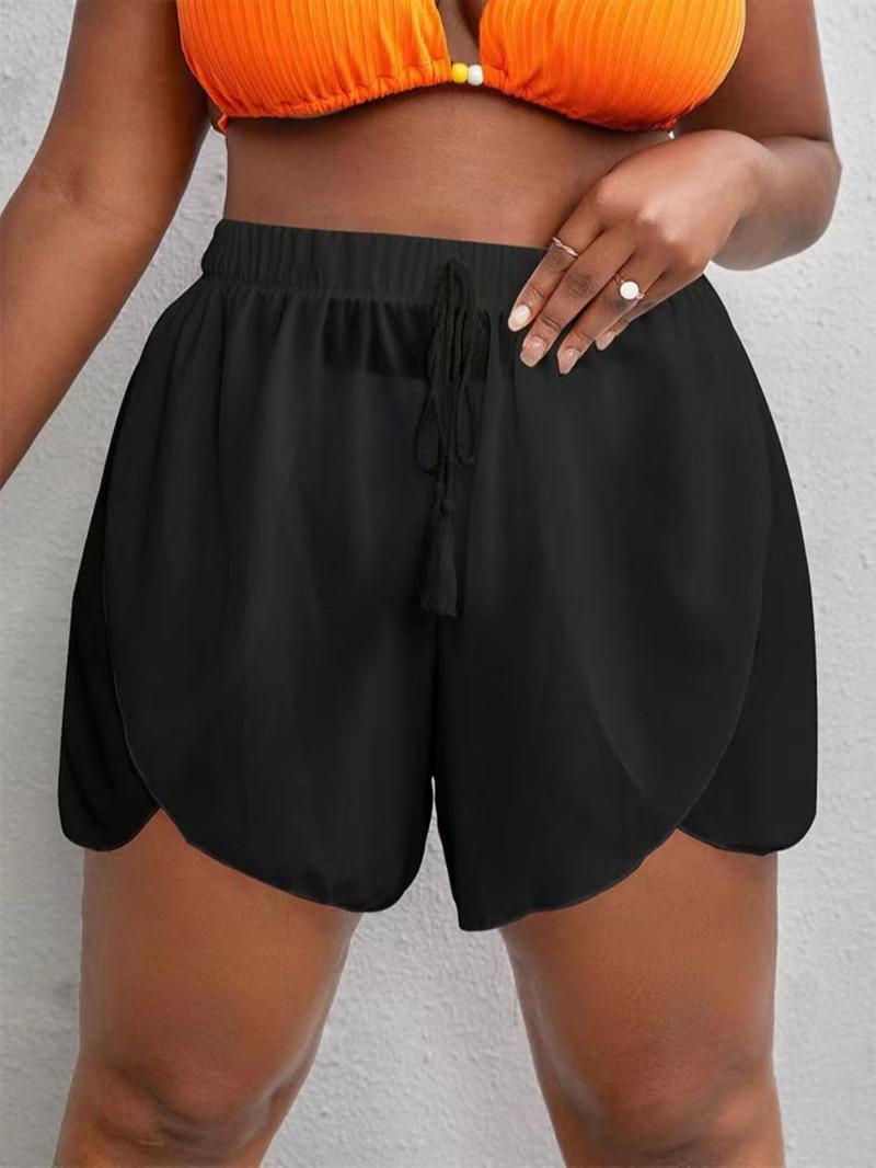 Product Introduction of Plus Size Plain Tassel Tie Front Elastic High Waist Shorts, Casual Swim Shorts for Summer, Women's Swimwear Bottoms for Beach Vacation Holiday 1