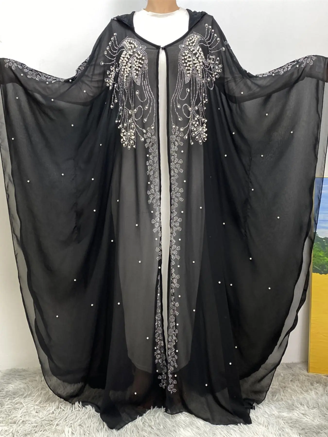 Modesty Faux Pearl Decor Contrast Sequin Batwing Sleeve Semi Sheer Hooded Abaya without Inner Dress, Button Front Split Sleeve Chiffon Abaya