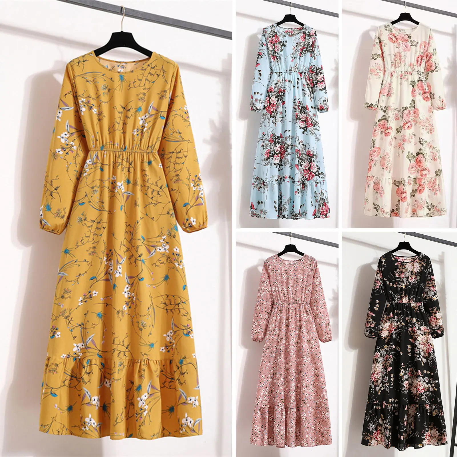 gngingy Women O-neck Long Sleeve Maxi Dress Elastic High Waist Loose Hem Floral Print A-Line Dress Streetwear