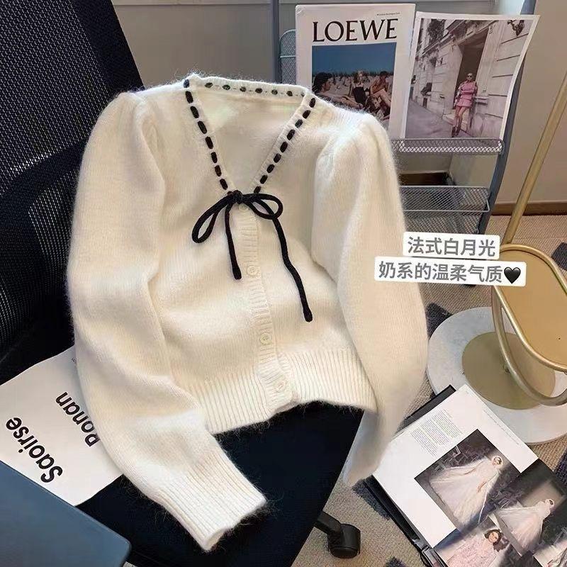 Áo Len Dệt Kim, Màu Hồng Nhẹ Nhàng Ngọt Ngào Cổ Chữ V, Thắt Nơ, Dành Cho Nữ, Mùa Thu Và Mùa Đông, Hàng Mới Về 2024, Tay Phồng, Áo Cardigan 2