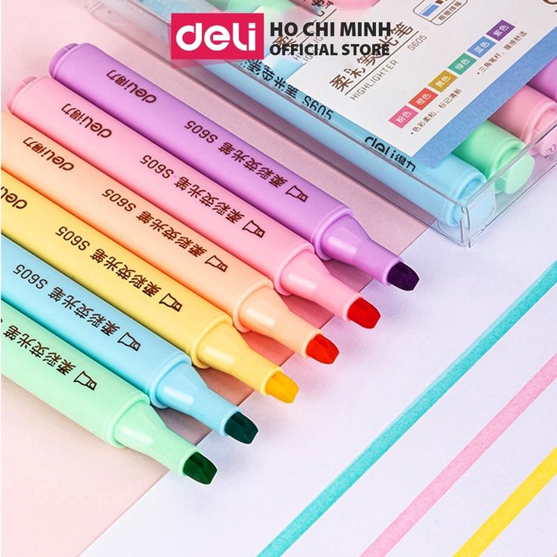 Bút highlight dấu dòng dạ quang màu Macaron Deli – set bút highlight 6 chiếc/ hộp - vẽ, viết, trang trí sổ