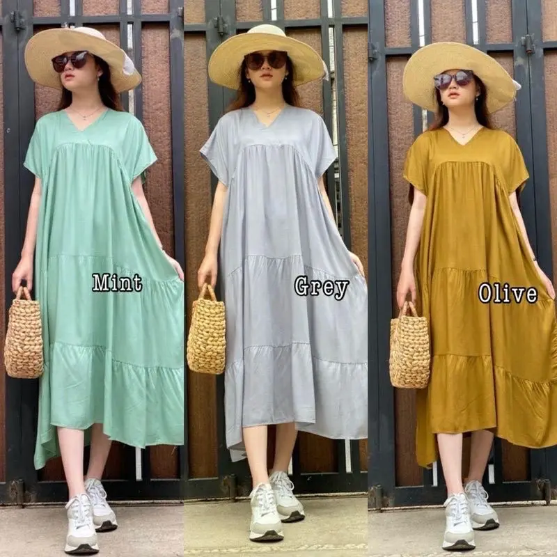 KANZIA DRESS RAYON / MASAYU DRESS / BAHAN RAYON DRESS Wanita Polos Premium Casual Ruffle Midi Nyaman