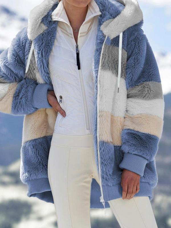 Women's Colorblock Drop Shoulder Hooded Polar Fleece Coat, Fashion Casual Long Sleeve Zip Up Warm Outerwear For Daily Outdoor Wear, Women's Clothing 0