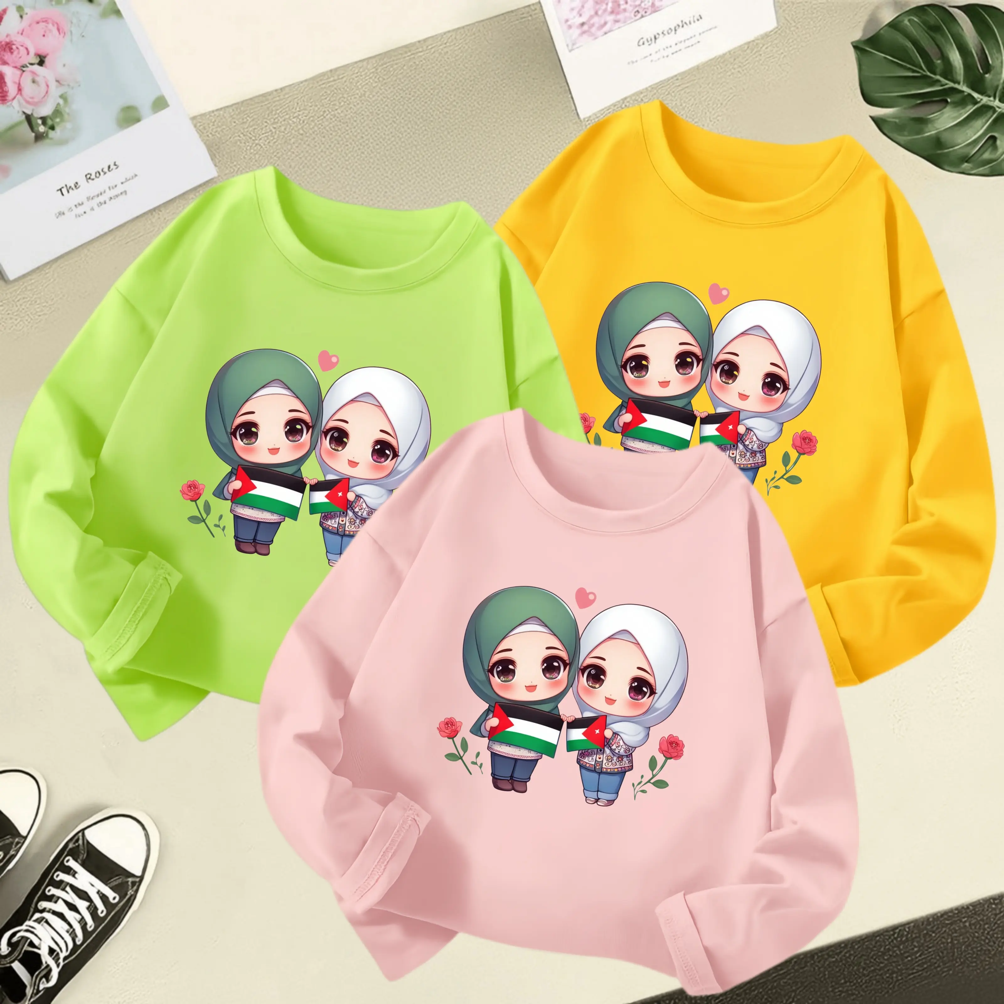 เสื้อยืดพิมพ์ลายสาวปาเลสไตน์ เหมาะสำหรับเด็กผู้หญิงอายุ 3-12 ปี คอกลมนุ่ม เสื้อเด็ก สีพื้น สไตล์ลำลอง เหมาะสำหรับฤดูร้อน เสื้อผ้าเด็ก