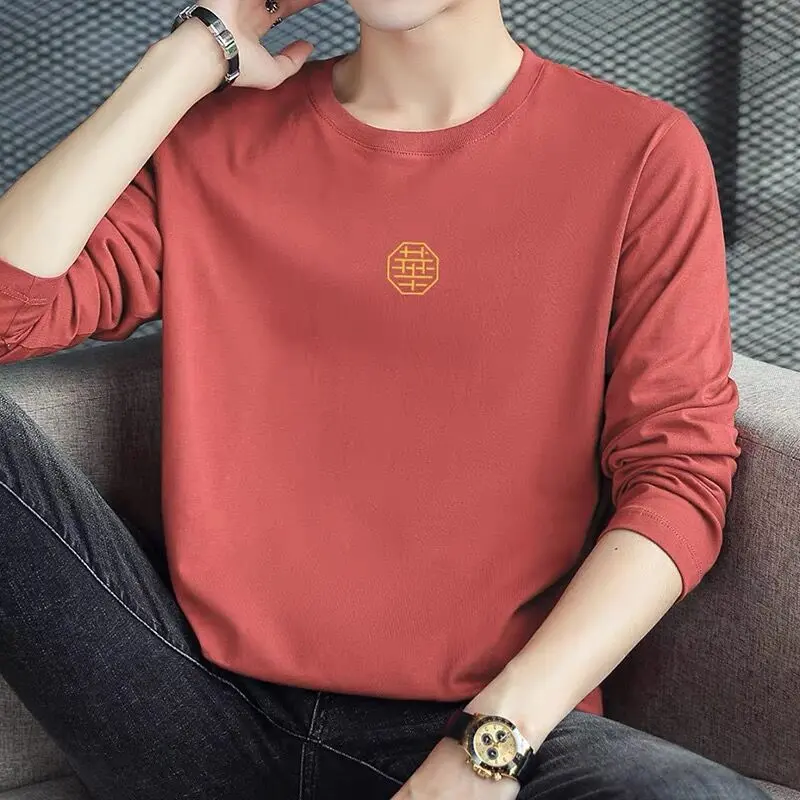 Áo Thun Dài Tay, Thương Hiệu Thời Trang Nam, Áo Len Cotton, Dáng Rộng Vừa Vặn, In Cao Cấp, Cổ Tròn, Áo Lót Nam, Thích Hợp Cho Mùa Xuân Và Mùa Thu, Năm 2025