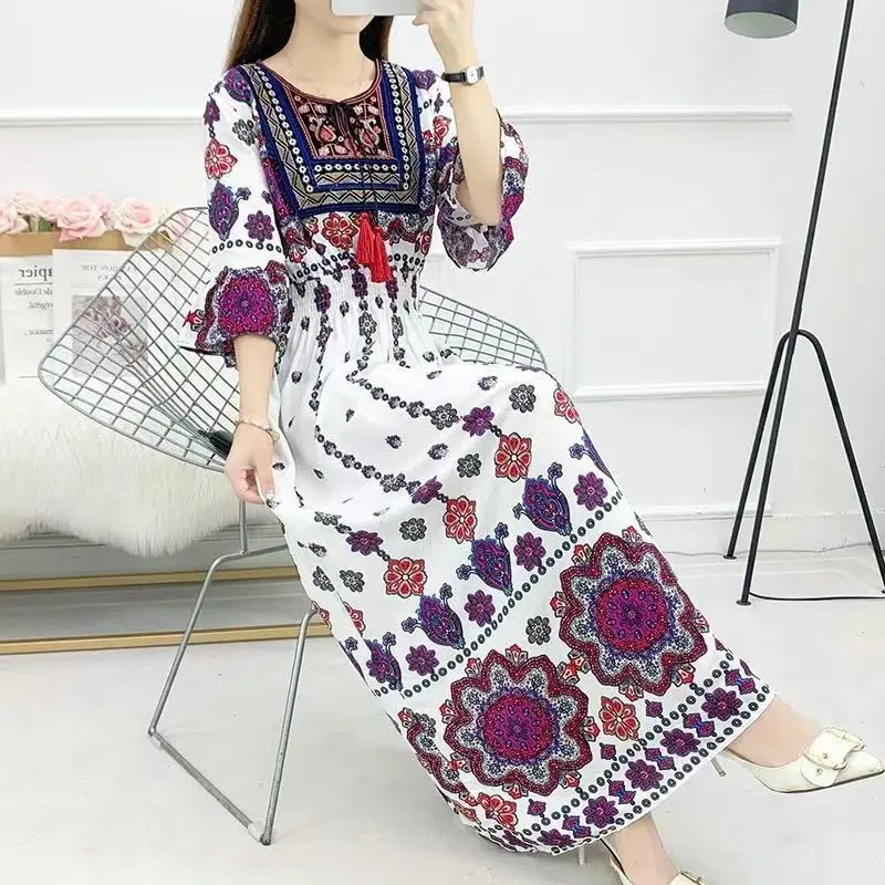 New Bohemian Xinjiang Ethnic Style Embroidered Tassel High Waist Dress Belly Covering Tourism Dress Slim
