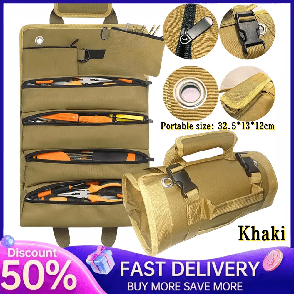 【SG Local Seller】Tool Organizer Bag Tool Roll Up Bag w/Detachable Pockets. Gifts for Him Roll Up Tool Bag Organizer for Mechanic Tool Bag Small Car Portable Tool Bag Roll Up Tool Roll Bag Organizer  6 Tool Pouches  (Khaki)