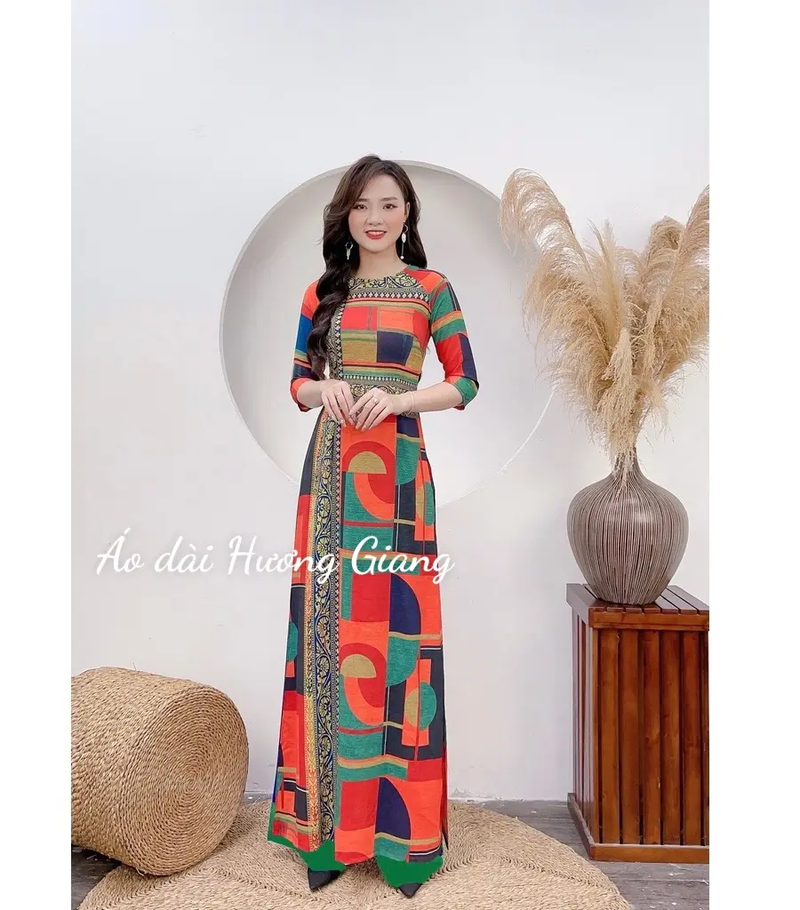 Áo dài in 3D chất liệu lụa nhật, hình ảnh in sắc nét, mịn mát, co dã - Áo Dài Hương Giang Nữ Denim Women Dress