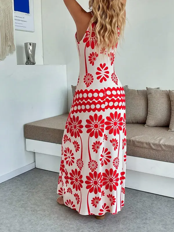 Women's Floral Print Dress, Casual Boho Sleeveless Dress for Beach Holiday Vacation, Ladies Summer Clothes 1