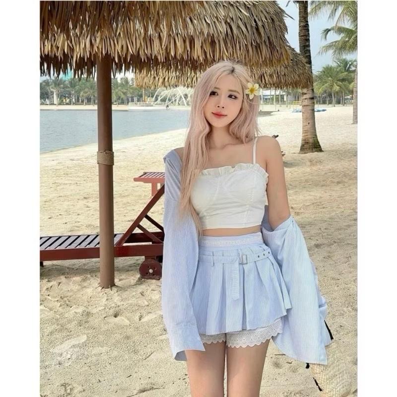 [ Bèo Béo Bigsize ] Set Thời Trang Nữ 4 Món Đi Biển : Khoác Ngoài - Áo Crop Có Mút - Chân Váy Ren Nơ Kèm Đai Form Bigsize 60-90Kg