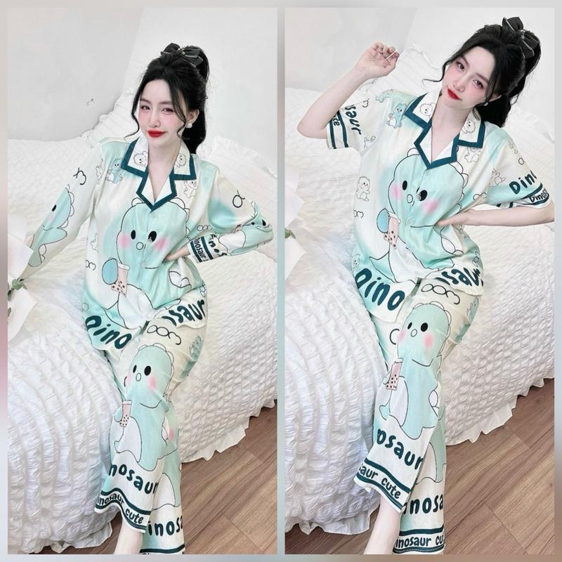 Đồ bộ pijama khủng long xanh lụa xước ánh kim 40-75kg Áo Nữ lụa  xước đồ  ngủ