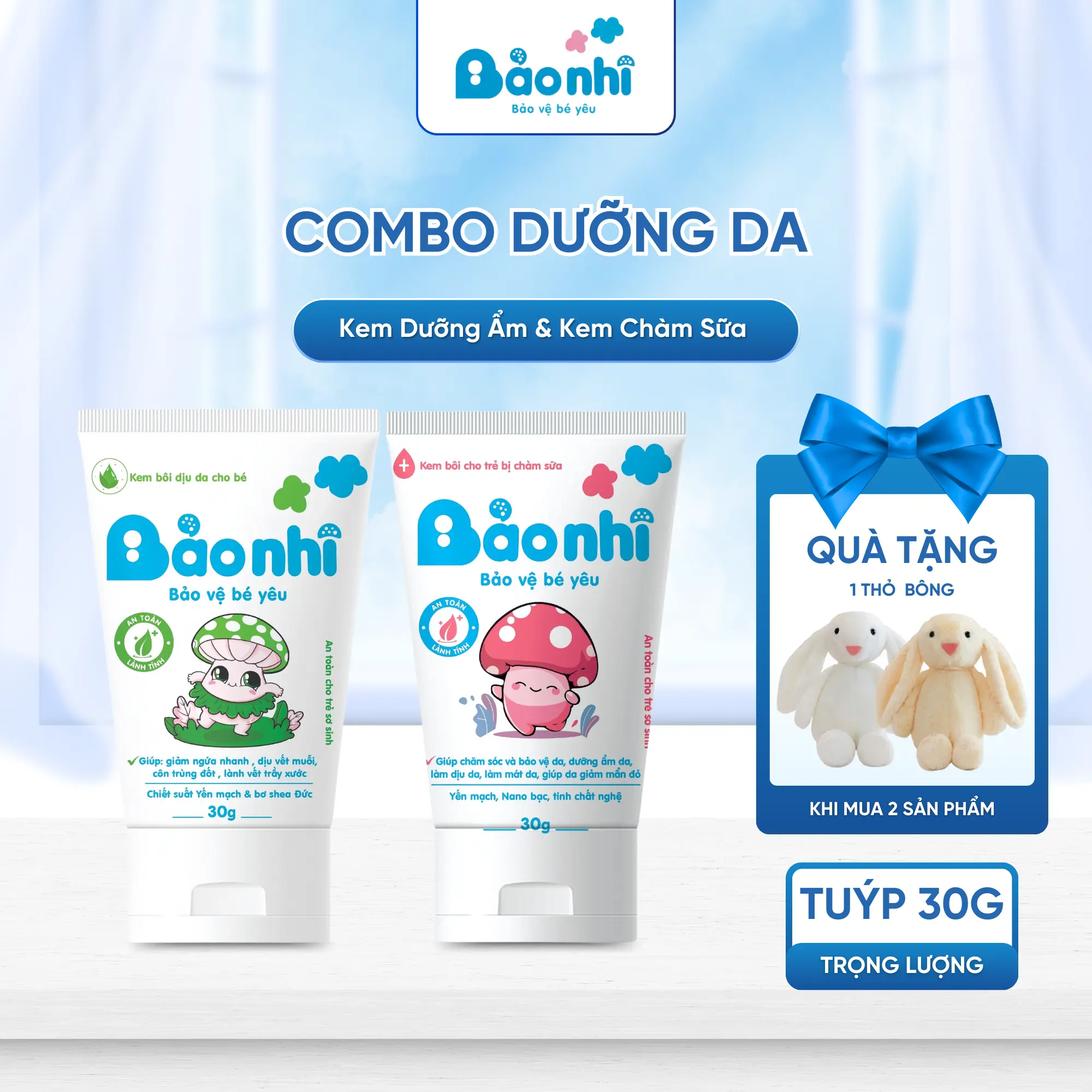 Combo Kem Dưỡng Ẩm Làm Dịu Da Cho Bé & Kem Chàm Sữa Giảm Mẩn Đỏ Bảo Nhi Tặng Kèm Thỏ Bông