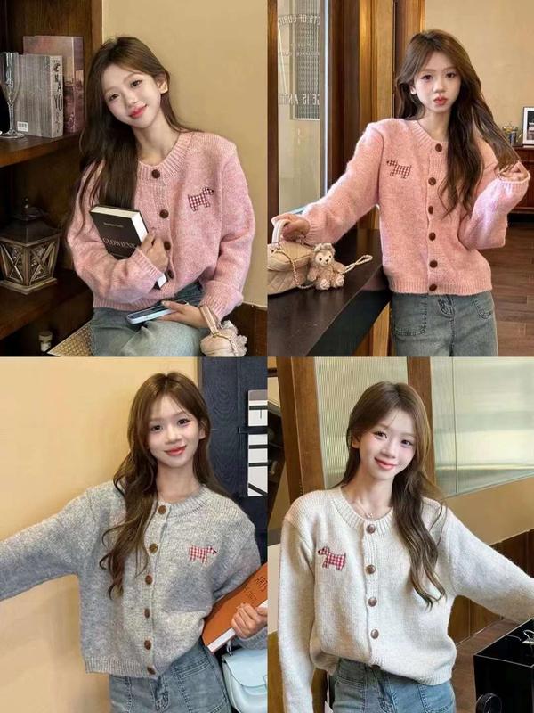 Áo khoác cardigan len thêu hình chú chó kẻ caro form rộng, áo khoác cardigan len lông cừu dày dặn cho nữ [KC1030] Women Top