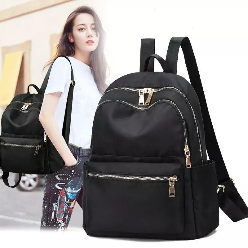 ba lô Balo nam nữ vải dù đen trơn năng động phong cách LILA BSIX19 Canvas Trơn Màu đen Backpack Đeo Vai Da thời trang thường ngày có thể mở rộng hoc sinh vien xuhuong