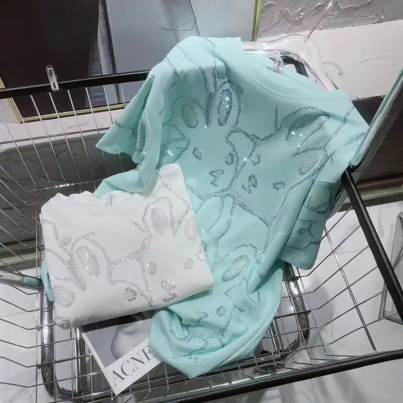 Áo Thun Thỏ Đính Đá, Thiết Kế Mới Cho Mùa Hè, Công Nghiệp Nặng Ga Châu Âu, Chất Lượng Cao, Dáng Rộng Vừa Vặn, Cổ Tròn, Áo ngắn Tay Áo, Dành Cho Nữ Top Women Nhung Jean 6